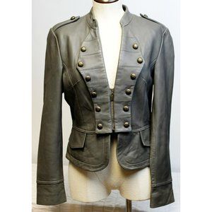 Michaela Fur Gray Leather Zip Band Jacket Military Style Buttons Women's Sz M